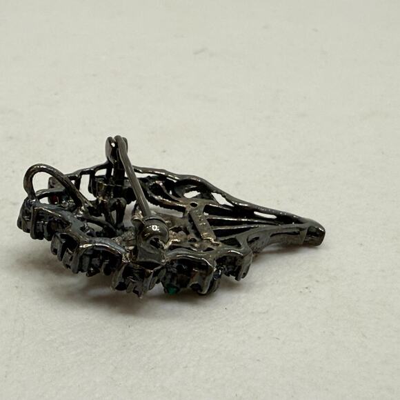 Vintage Sterling Brooch Pendant Flower Basket Marcasite-Garnet-Green Quartz Pin - Picture 10 of 15